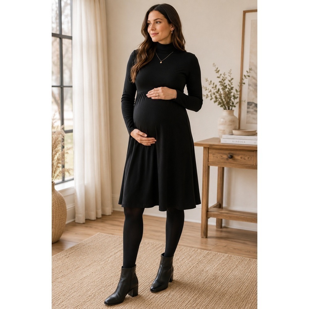 Seraphine NWT Maternity Dress 10 Black Turtleneck Knit A-Line Pregnancy Workwear